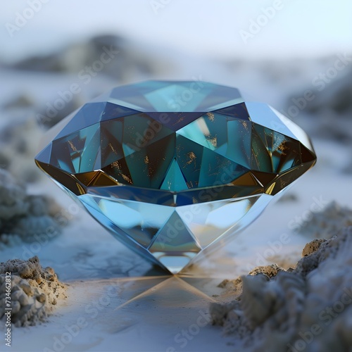 Brilliant blue diamond resting on rough terrain  symbolizing contrast and luxury. perfect for high-end advertising or abstract art. AI