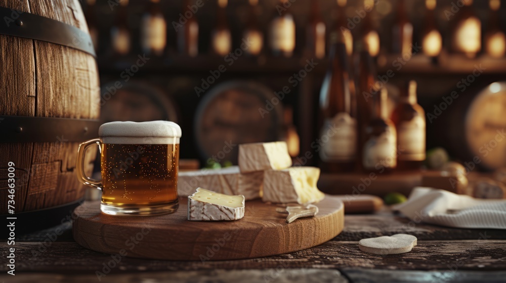 international beer day concept. beer in glass, keg and cheese. copy space for text