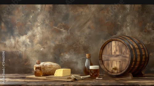 beer background with keg and cheese for international beer day. copy space © Otseira