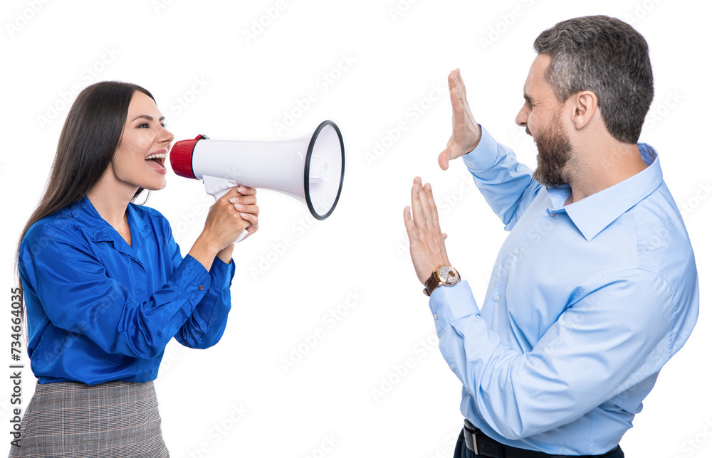 solving conflict. rivalry concept. business conflict. businesswoman shouting on employee in loudspeaker isolated on white. business boss has conflict with partner about promotion. conflict avoidance solving conflict. rivalry concept. business conflict. businesswoman shouting on employee in loudspeaker isolated on white. business boss has conflict with partner about promotion. conflict avoidance