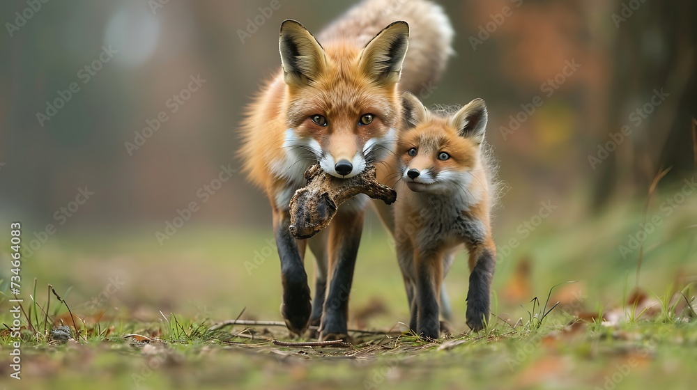 Fototapeta premium Red foxes carrying dead animal in mouth while walking on grassy field