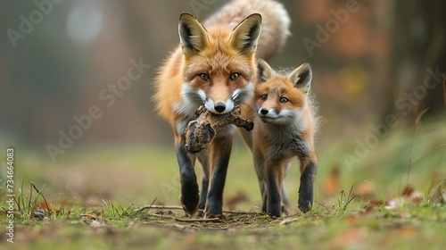 Red foxes carrying dead animal in mouth while walking on grassy field © Emma