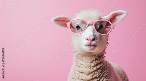 Sheep lamb in sunglass shade glasses isolated on solid pastel background © Emma