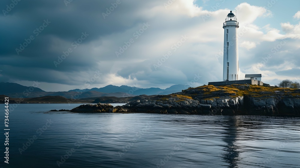 role and mystique of a lighthouse on an island, showcasing its towering structure, guiding light, and sense of safety and direction it provides to mariners 