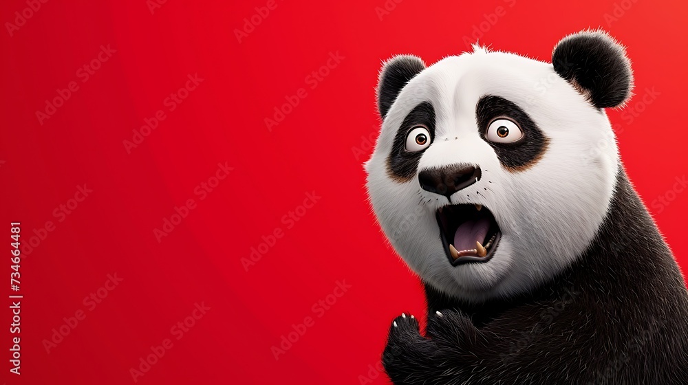 Shocked panda with big eyes isolated on red background Shocked panda with big eyes isolated on red background