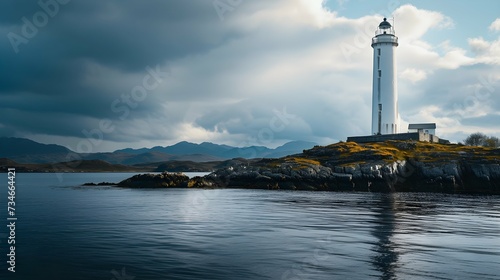 role and mystique of a lighthouse on an island, showcasing its towering structure, guiding light, and sense of safety and direction it provides to mariners 