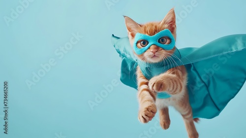 superhero cat Cute orange tabby kitty with a blue cloak and mask jumping and flying on light blue background © Emma