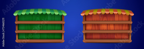 Shop window template for game ui design. Cartoon vector illustration set of empty red and green wooden cabinet with shelves and canopy for mobile gui menu. Blank store interface with wood texture.