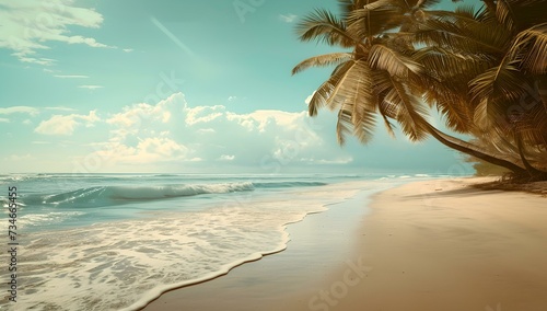 Tropical beach paradise at sunset, serene ocean view with palm trees and gentle waves. ideal for vacation and travel themes. calm and peaceful setting. AI © Irina Ukrainets