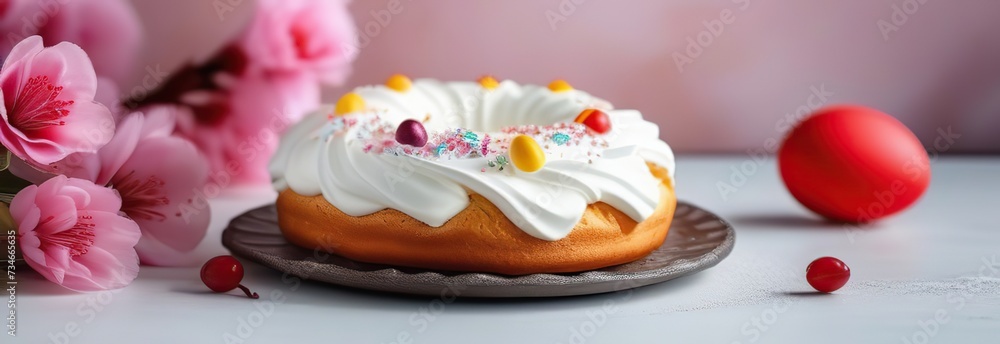 Traditional easter cake with white swiss meringue on table. Homemade cruffin cake trend 2024. Spring cherry blossom and colorful painted eggs. Homemade food. space for text Traditional easter cake with white swiss meringue on table. Homemade cruffin cake trend 2024. Spring cherry blossom and colorful painted eggs. Homemade food. space for text