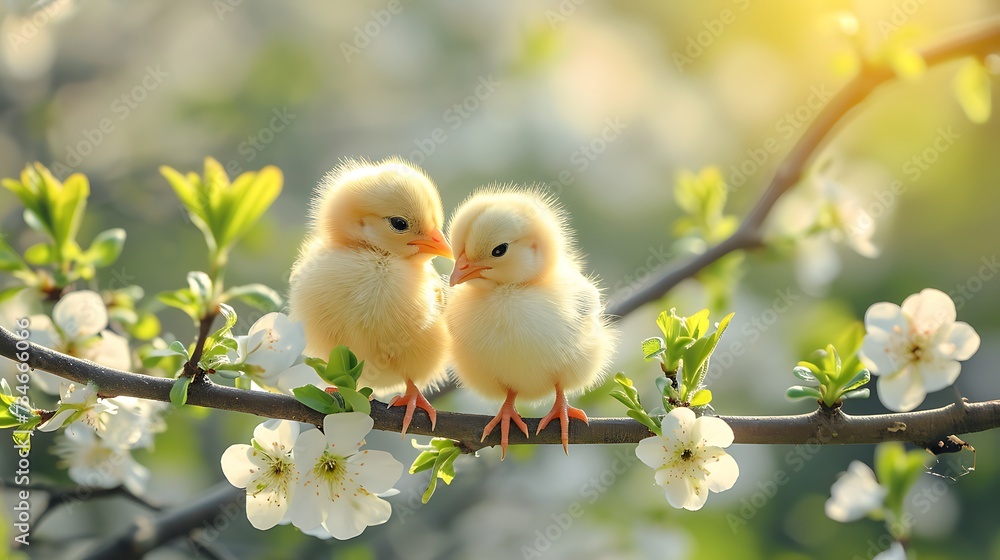 two little chicks are sitting on a branch of a tree with white flowers in the foreground two little chicks are sitting on a branch of a tree with white flowers in the foreground