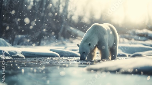 Polar bear standing in a river and drinking. Wide angle perspective. Sunny day in a snowy landscape. It is snowing. Blurred background with copy space.