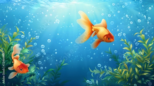 Two vibrant goldfish swimming in a serene underwater scene  showcasing an ecosystem. ideal for childrens illustrations. AI