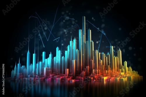 A colorful 3D graph illustrating financial data points in a dynamic, abstract cityscape.