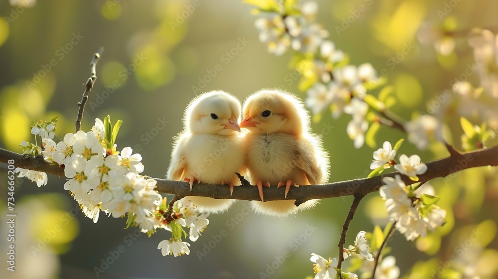 two little chicks are sitting on a branch of a tree with white flowers in the foreground two little chicks are sitting on a branch of a tree with white flowers in the foreground