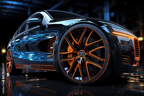 Car wheels for the cars of the future, Futuristic sports car tyre technology concept with rim wireframe intersection, Generative AI © Анатолий Савицкий