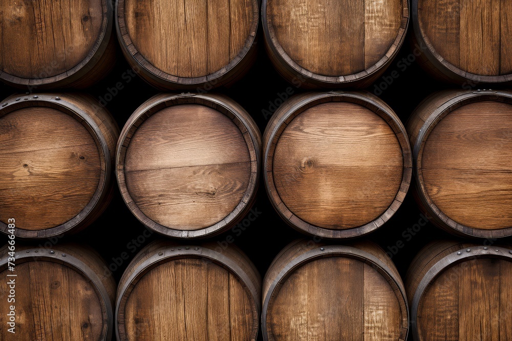 Rows of stacked wooden barrels in a dark cellar, suggestive of wine or whiskey aging process.