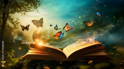 Open book with magic landscape and flying butterflies