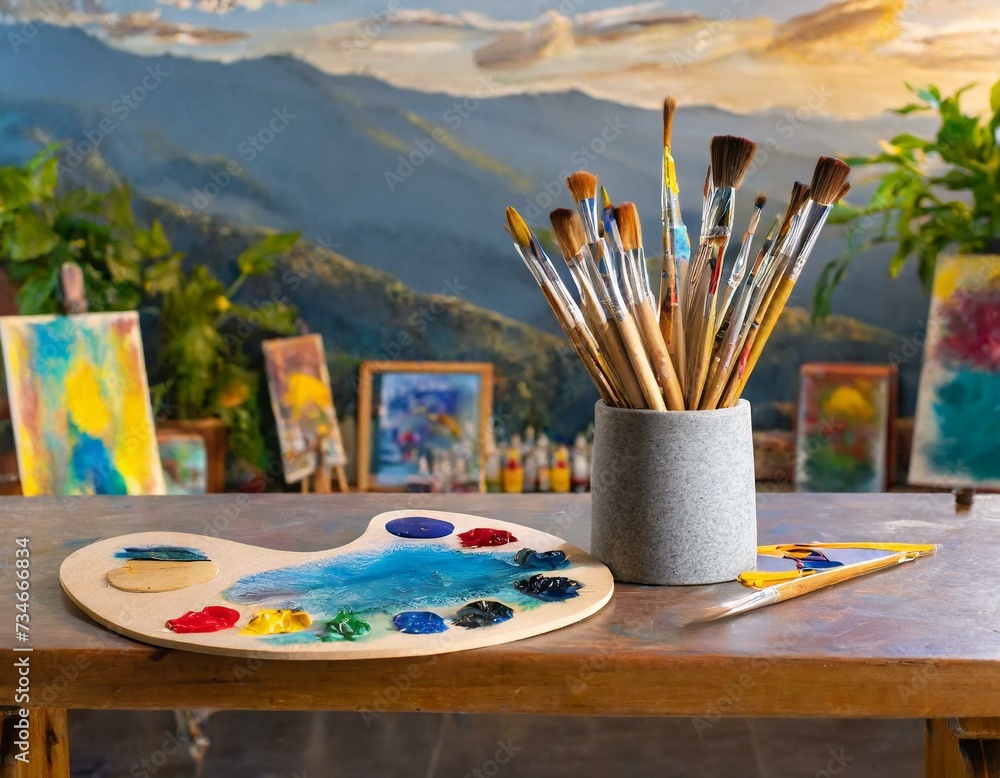 Artist’s Paradise: A Scenic Outdoor Painting Studio with Brushes, Palette, and Canvases Artist’s Paradise: A Scenic Outdoor Painting Studio with Brushes, Palette, and Canvases