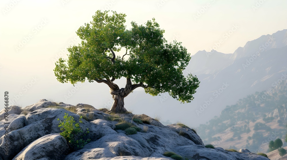 oak tree alone on mountain rock