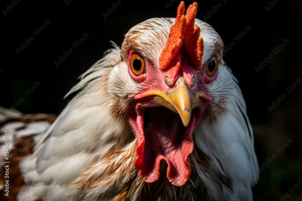 A close-up portrait of a domestic hen, capturing the intensity and detail of its gaze and colorful feathers.
