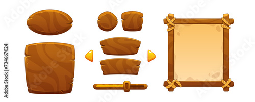 Wooden game ui design elements - buttons and boards for menu interface. Cartoon vector illustration set of wood and parchment frame, title border and text box. Adventure mobile gui assets kit.