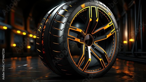 Car wheels for the cars of the future, Futuristic sports car tyre technology concept with rim wireframe intersection, Generative AI