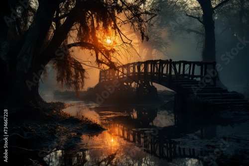 An atmospheric image capturing the sun rising behind a broken bridge over a misty river, creating a mysterious and moody scene.