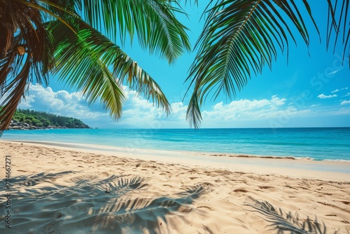 Serene tropical beach with palm tree shadows.