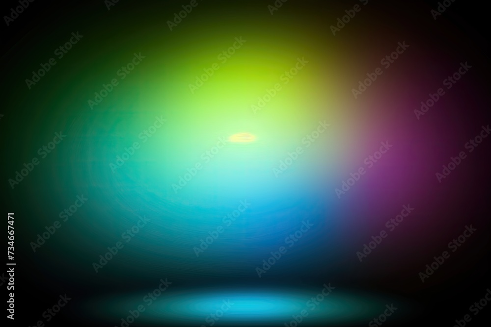 Colorful light shining on a black background. Gradient color blends. Teal, yellow, emerald, violet, blue, green, lime and purple gradient. Illuminated spotlight. Luminous sphere. Mystic symbolism
