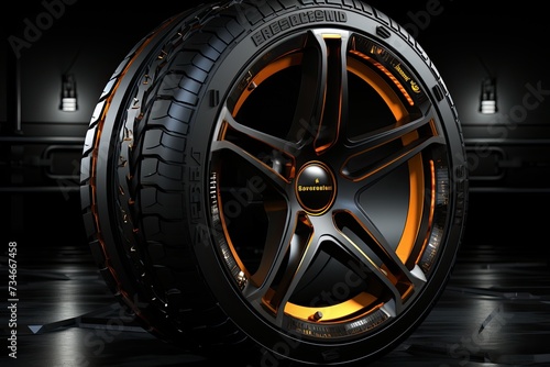 Car wheels for the cars of the future, Futuristic sports car tyre technology concept with rim wireframe intersection, Generative AI