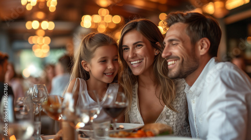 Small family dining out at a restaurant. Having a good time, laughing and talking. Candid photography.