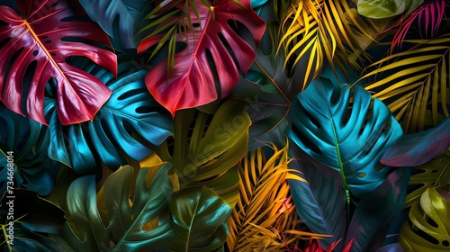 multicolor a scene that lush and exotic beauty of tropical leaves  transporting viewers to a tropical paradise where foliage thrives in its natural habitat 