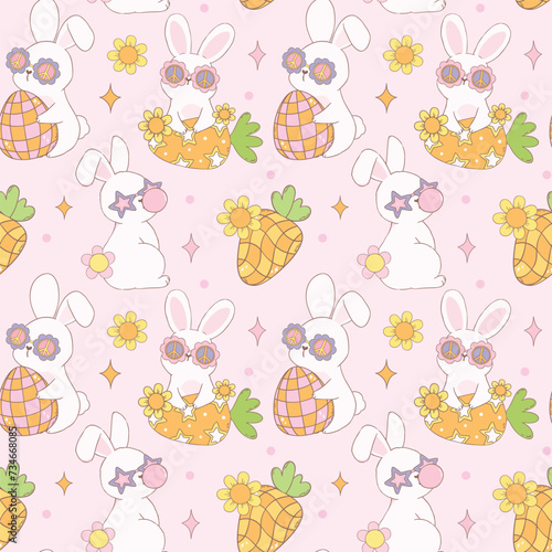 Groovy Easter Pattern Seamless retro disco bunny Playful animal doodle drawing isolated on background.