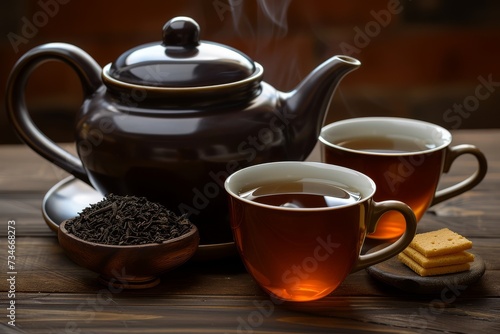 Steaming tea pot and cups with black tea and biscuits on a wooden table