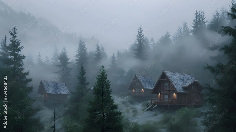 Fototapeta premium Misty mountain retreat with wooden cabins and pine forests
