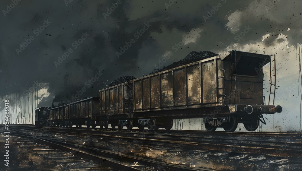Obraz premium Vintage freight train on tracks under an overcast sky, moody and artistic. dark, cinematic rail transport scene. ideal for historical themes. AI