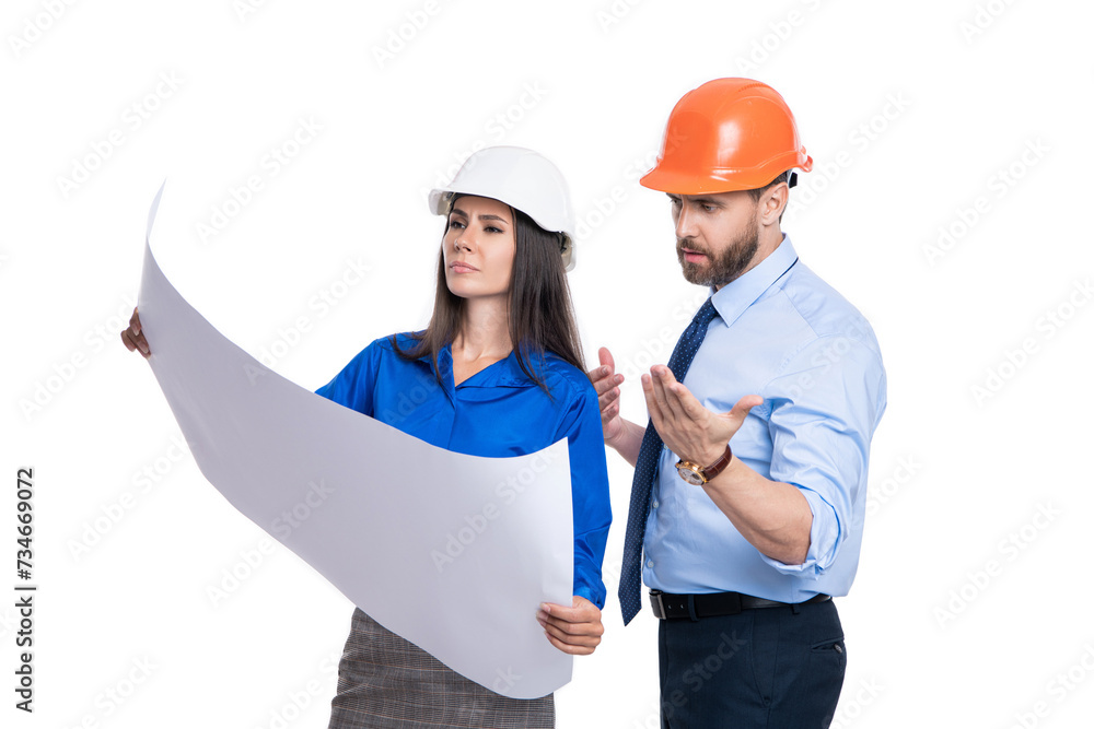 Fototapeta premium Engineer manager with assistant conduct inspection. Engineering inspection supervisor isolated white. Inspection by supervisors in office. Project details. Supervisor colleagues. Discussing details