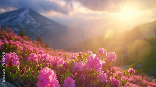 Magic pink rhododendron flowers on summer mountain 