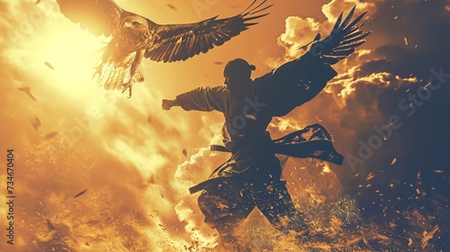 Create an image where the energetic movements of a martial artist are blended with the dynamic flight of a majestic eagle