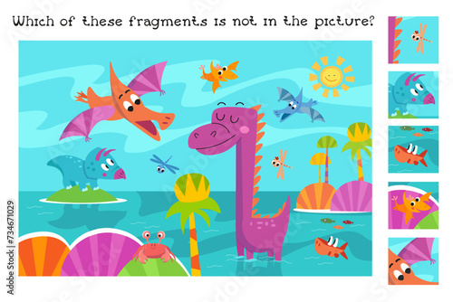 Find fragments in picture. Educational puzzle game for kids. Cute flat simple dinosaurs in Jurassic Park. Vector colour illustration. Cartoon scene for design. Prehistoric forest.