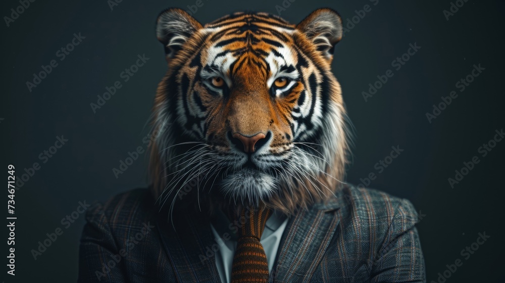 A dapper tiger exudes authority and sophistication, posing with suave poise as a formidable executive.