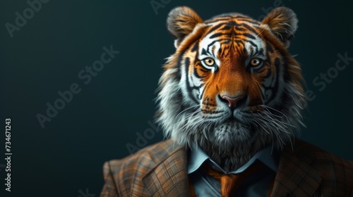 A dapper tiger exudes authority and sophistication, posing with suave poise as a formidable executive.