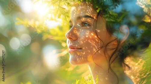 A radiant young woman beams with joy in a vibrant double exposure portrait, capturing the essence of spring or summer's carefree spirit. © tonstock