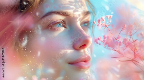 Radiant young woman beams with joy in a double exposure portrait, capturing the essence of spring and a carefree, natural lifestyle.
