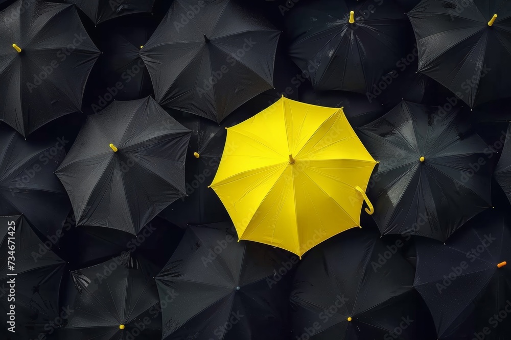 Stand out in a sea of conformity with a bright yellow umbrella that symbolizes your unique leadership and innovative thinking. - obrazy, fototapety, plakaty 