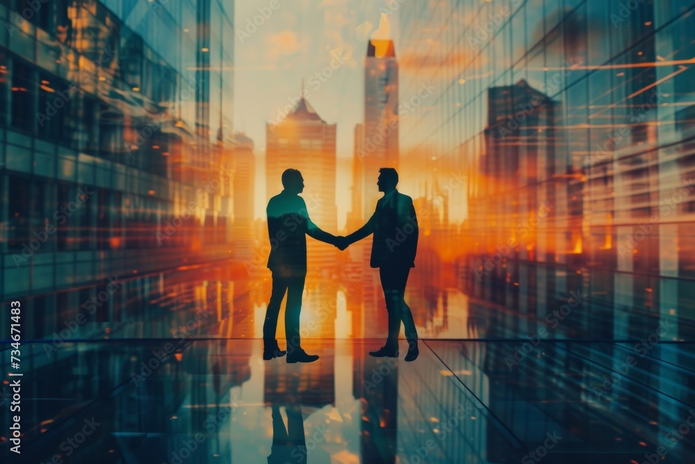 Businessmen seal a successful deal with a handshake against a backdrop of glowing skyscrapers at dusk, symbolizing partnership and cooperation in the corporate world. Businessmen seal a successful deal with a handshake against a backdrop of glowing skyscrapers at dusk, symbolizing partnership and cooperation in the corporate world.