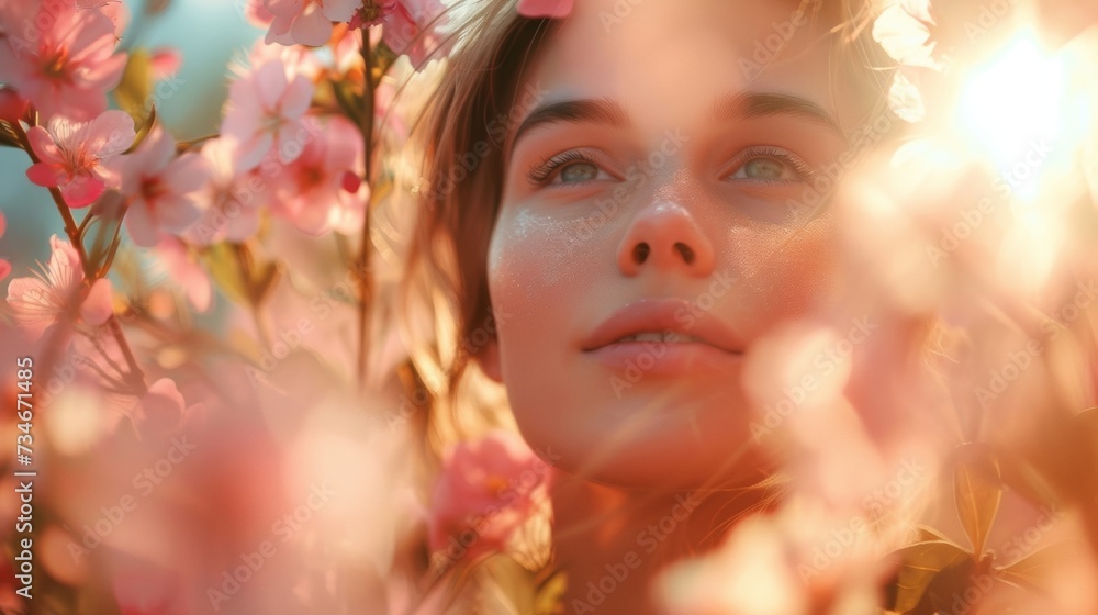 A young woman surrounded by blooming flowers, her image intertwined with nature in a beautiful double exposure photograph capturing the essence of spring.