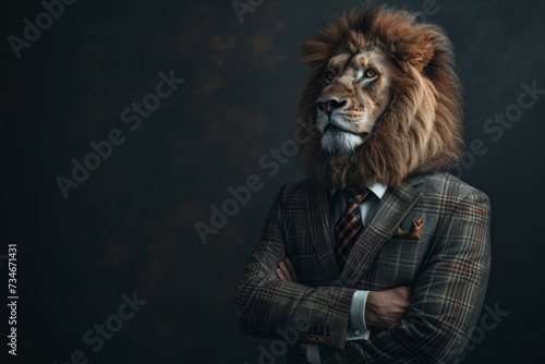 A lion in a sharp suit exudes the aura of a successful CEO  commanding respect with his regal demeanor and assertive presence.