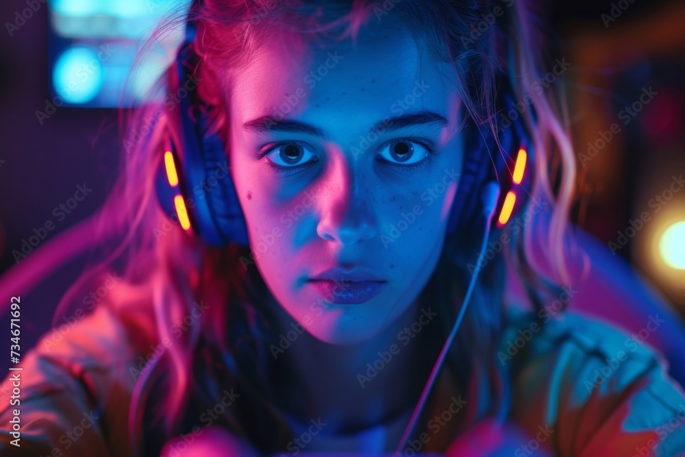 A dedicated gamer with a headset and gamepad is lost in a neon-lit virtual world, her features lit up by the colorful display. A dedicated gamer with a headset and gamepad is lost in a neon-lit virtual world, her features lit up by the colorful display.